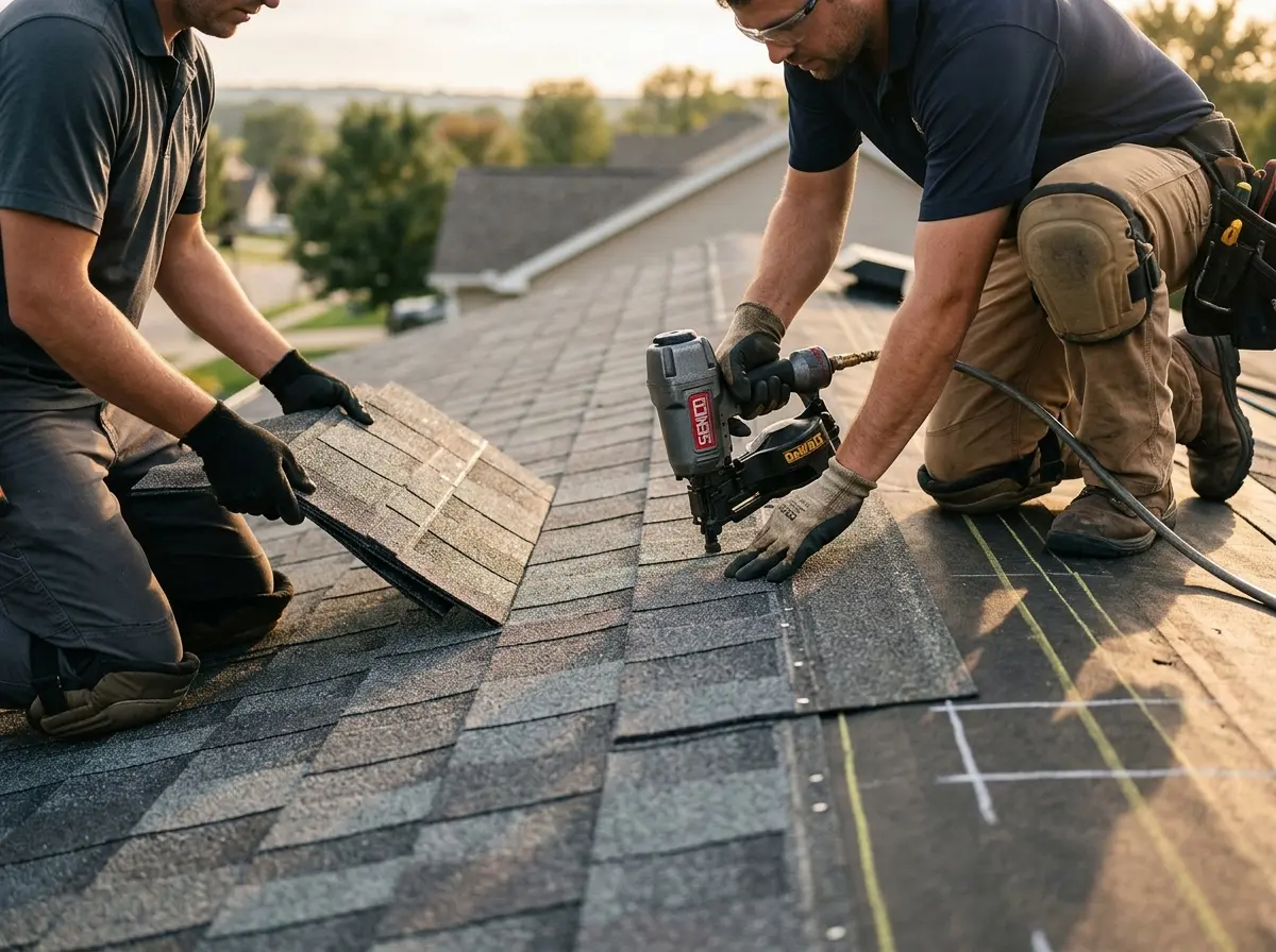 Professional roofer working on a residential roof in Woodland